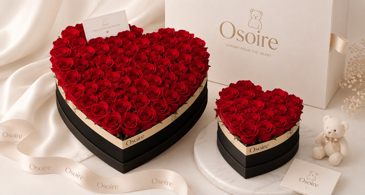 Dos cajas en forma de corazón con rosas preservadas rojas, en dos tamaños, junto a su empaque y una cinta.
